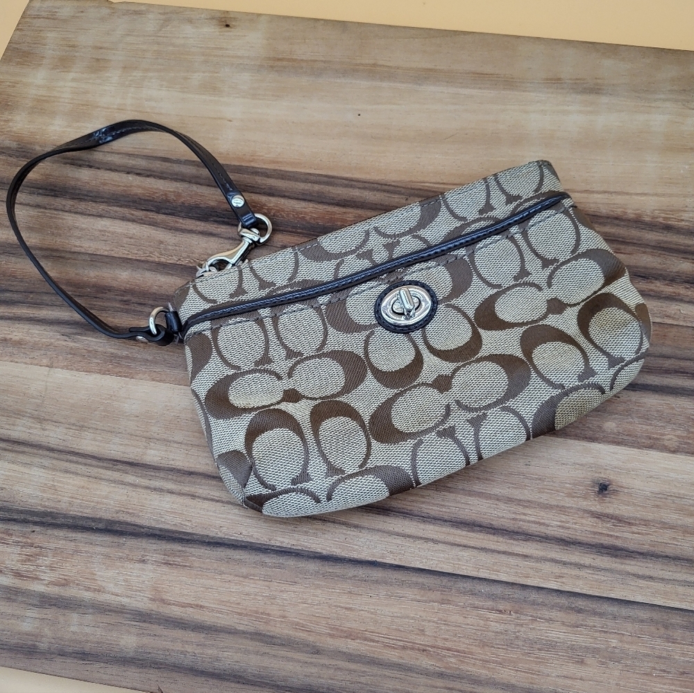 Coach Brown and Tan Signature Logo Wristlet with Front Pocket